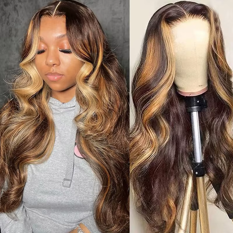 34inch Body Wave Highlight Wig Human Hair Honey Blonde 4/27 Colored 13x6 Lace Front Human Hair Wigs For Women Pre Plucked 180 Density