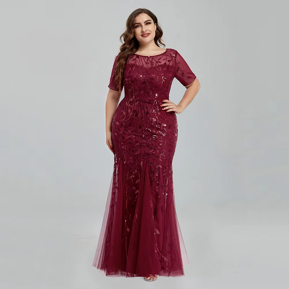 Women Plus Size Sequin Mesh Embroidery Mermaid Evening Dress Formal Short Sleeve Elegant Party Prom Gowns 2020 New Long Dress