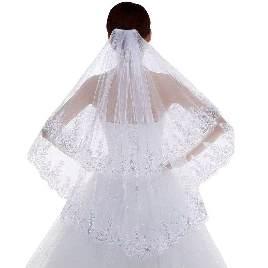 Wedding Sequins Edge for Brides 2 Tier Hip Fingertip Length Sparkle Soft Tulle Bridal Lace Veils Hair Accessories