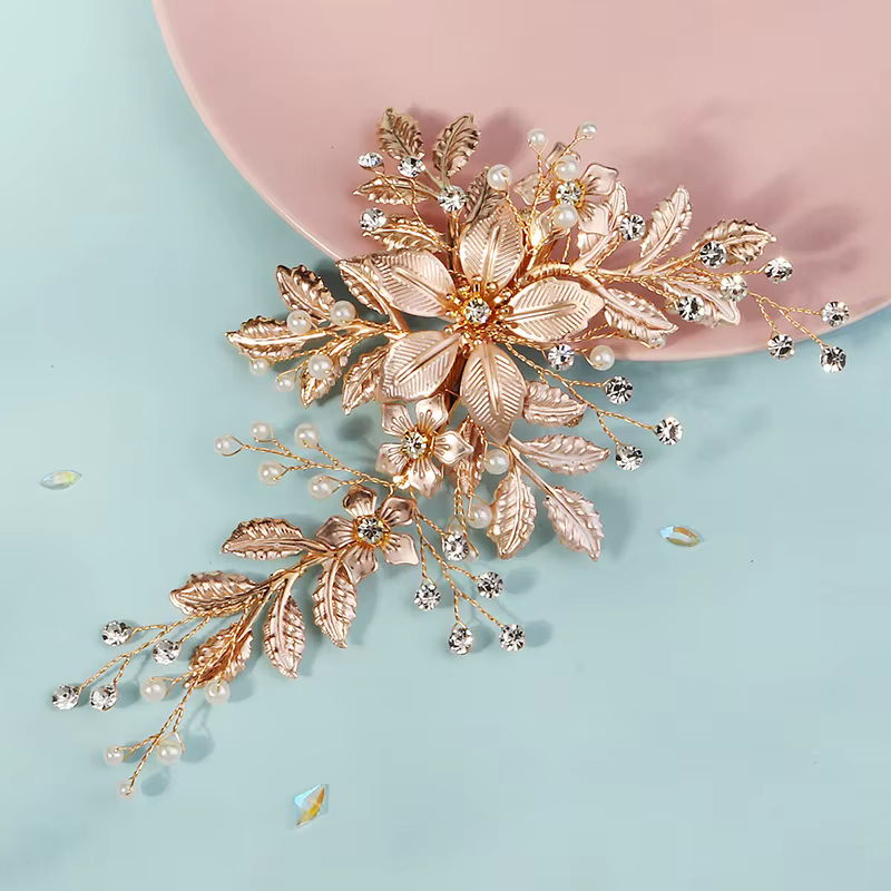 Flower Leaf Pearl Rhinestone Hair Clip Luxury Bridal Headpiece Hair Accessories Fashion Bridal Barrettes