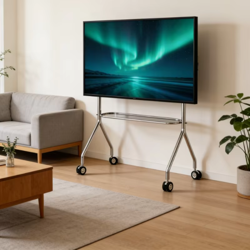 Stainless Steel TV Stand on Wheels Storage Shelf Lockable Casters Y Shape Stable Structure for Home Small Apartment Living Room