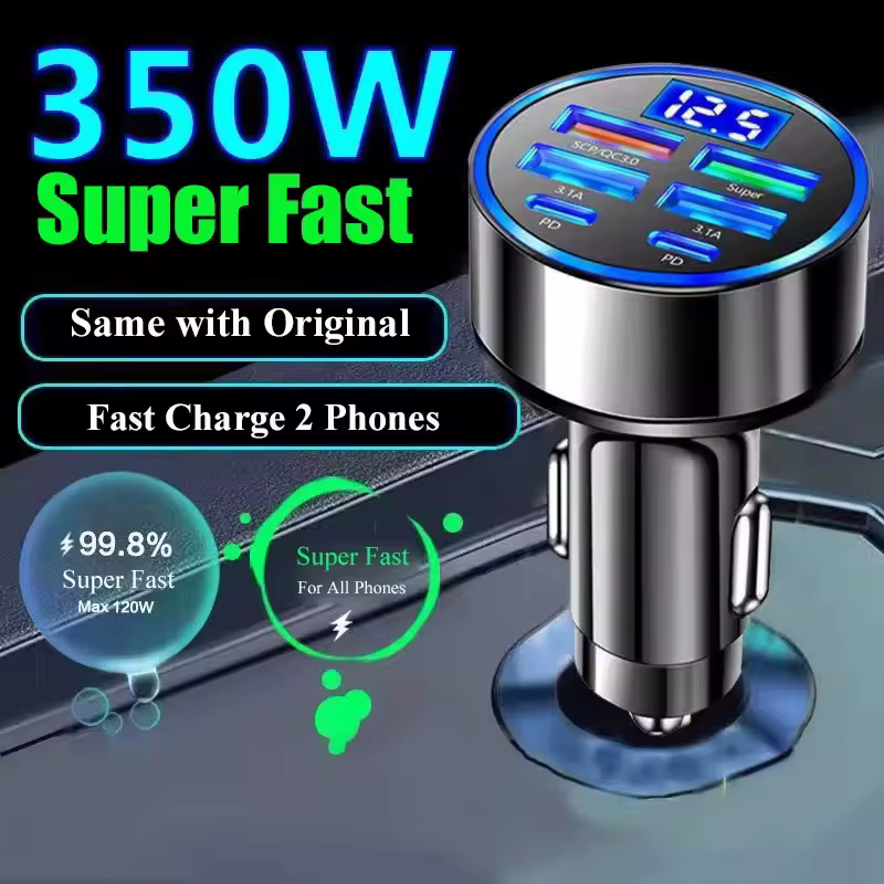 350W USB Car Charger PD QC3.0 USB C Car Phone Charger Type C Adapter for iPhone Samsung Huawei Xiaomi Quick Charge 
