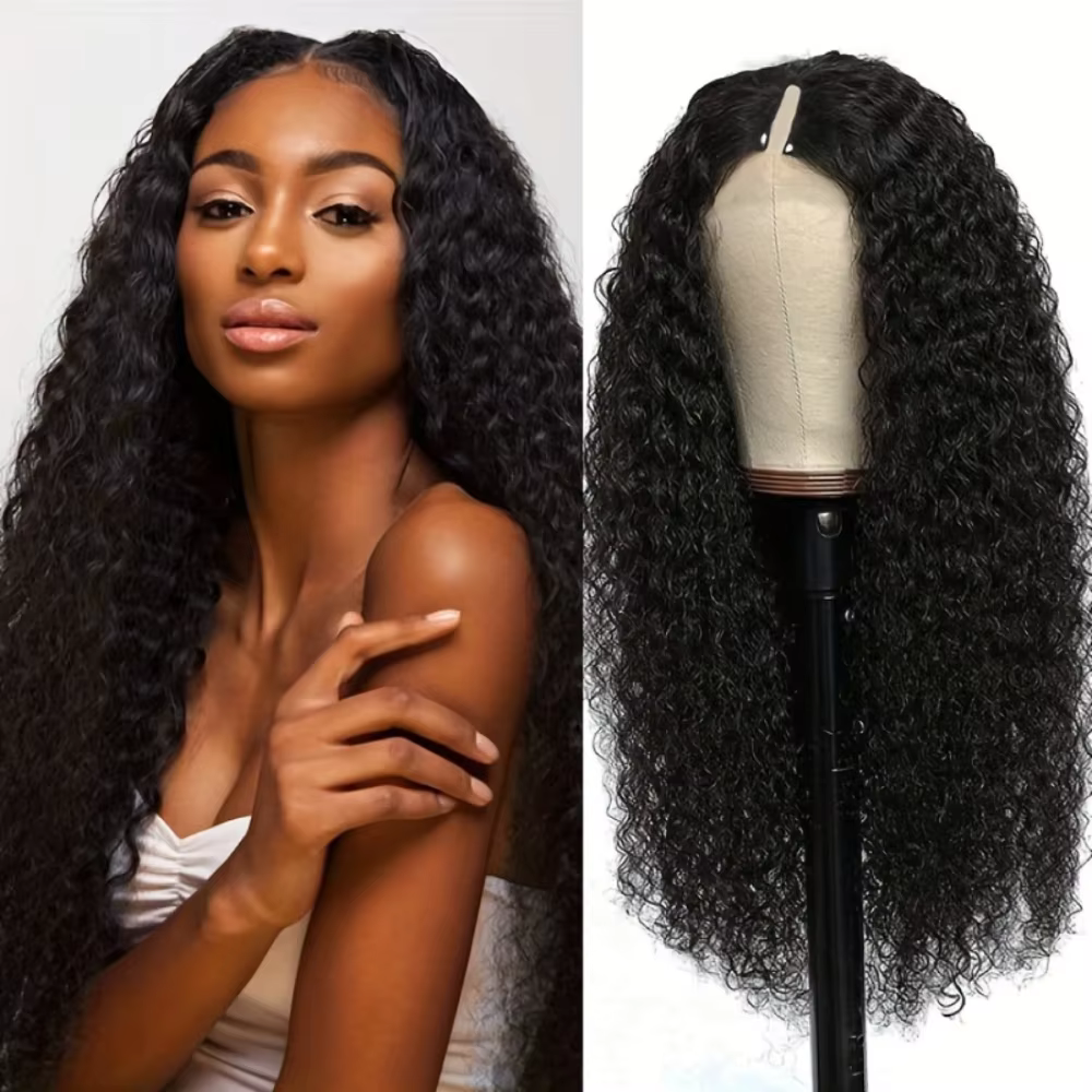 Upgraded V Part Wig Kinky Curly Wig Easy Install Brazilian 32Inch 200% Density Natural Color Deep Wave No Leave Out Human Remy Hair For Women