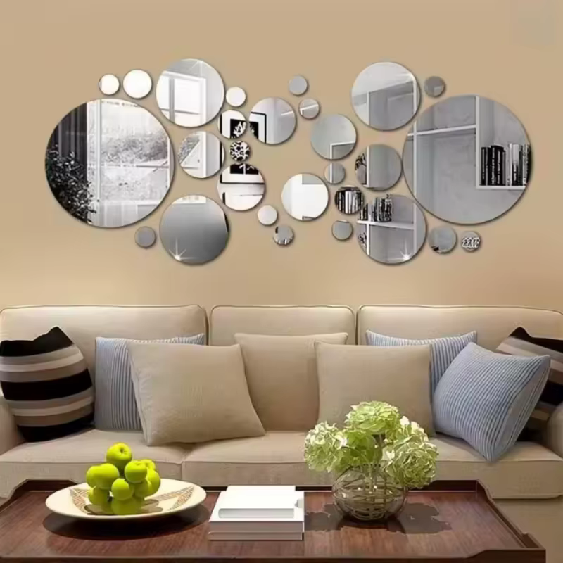 26pcs/Set 3D Round Mirror Wall Sticker Self-Adhesive Diy Decoration Bedroom Living Room Bathroom Background Decoration