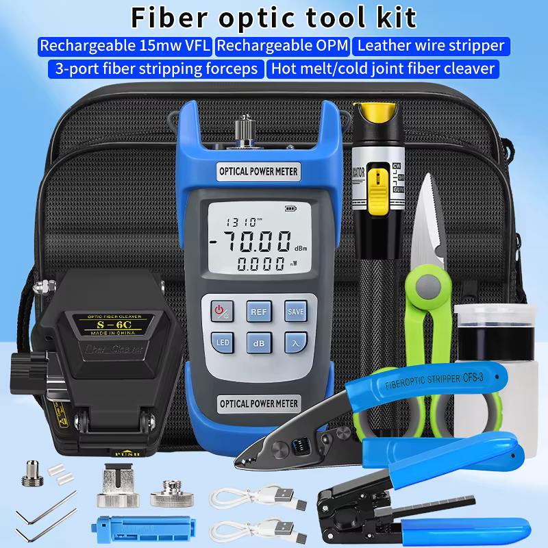 Fiber Optic Tool Kit With S-6C Fiber Cleaver Optical Power Meter(OPM) 15mw Visual Fault Locator(VFL) Fiber Stripper FTTH Tools