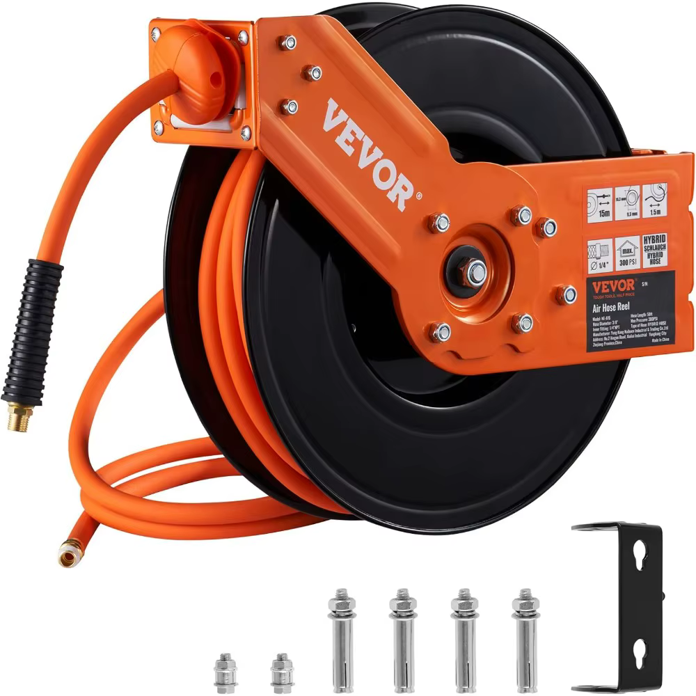 VEVOR 3/8" x 50 FT Retractable Air Hose Reel 300PSI Hybrid Hose 5 ft Lead in Single Arm Steel Reel Ceiling Wall Mount