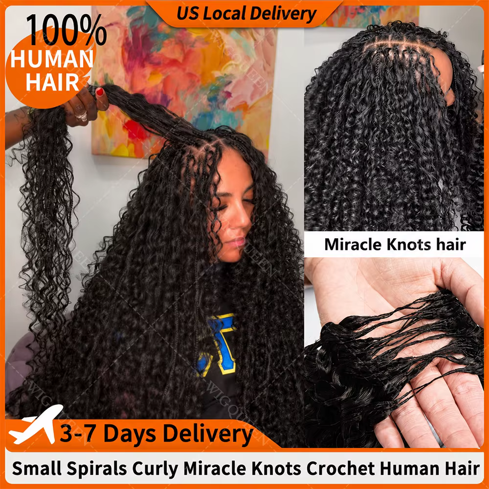 15A Small Spirals Curly Miracle Knots Feather Crochet Human Hair For Boho Braiding Invisible Knot PreSeparated Knotless Kinky Curly Crochet Human Hair Extensions Reusable Pre Looped Natural Black Crochet Bundles With String Bulk 100% Human Hair Extensions