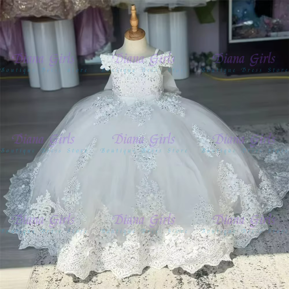 Quality Tulle With Bow Lace Applique Flower Girl Dress For Kids Wedding Birthday Party First Communion Ball Gowns Customized