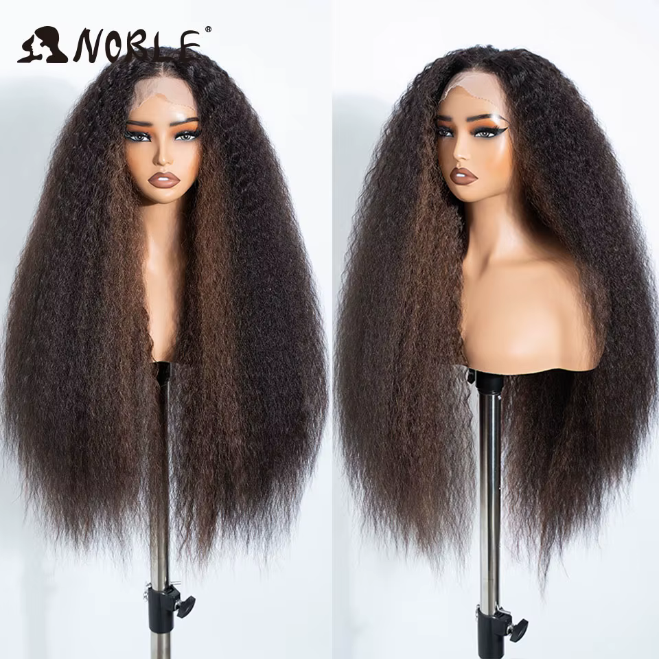 Noble 32Inch Ombre Brown Kinky Curly Lace Front Wig 13x4 Lace Front Wig Synthetic Heat Resistant Wigs For Black Women Daily Wear
