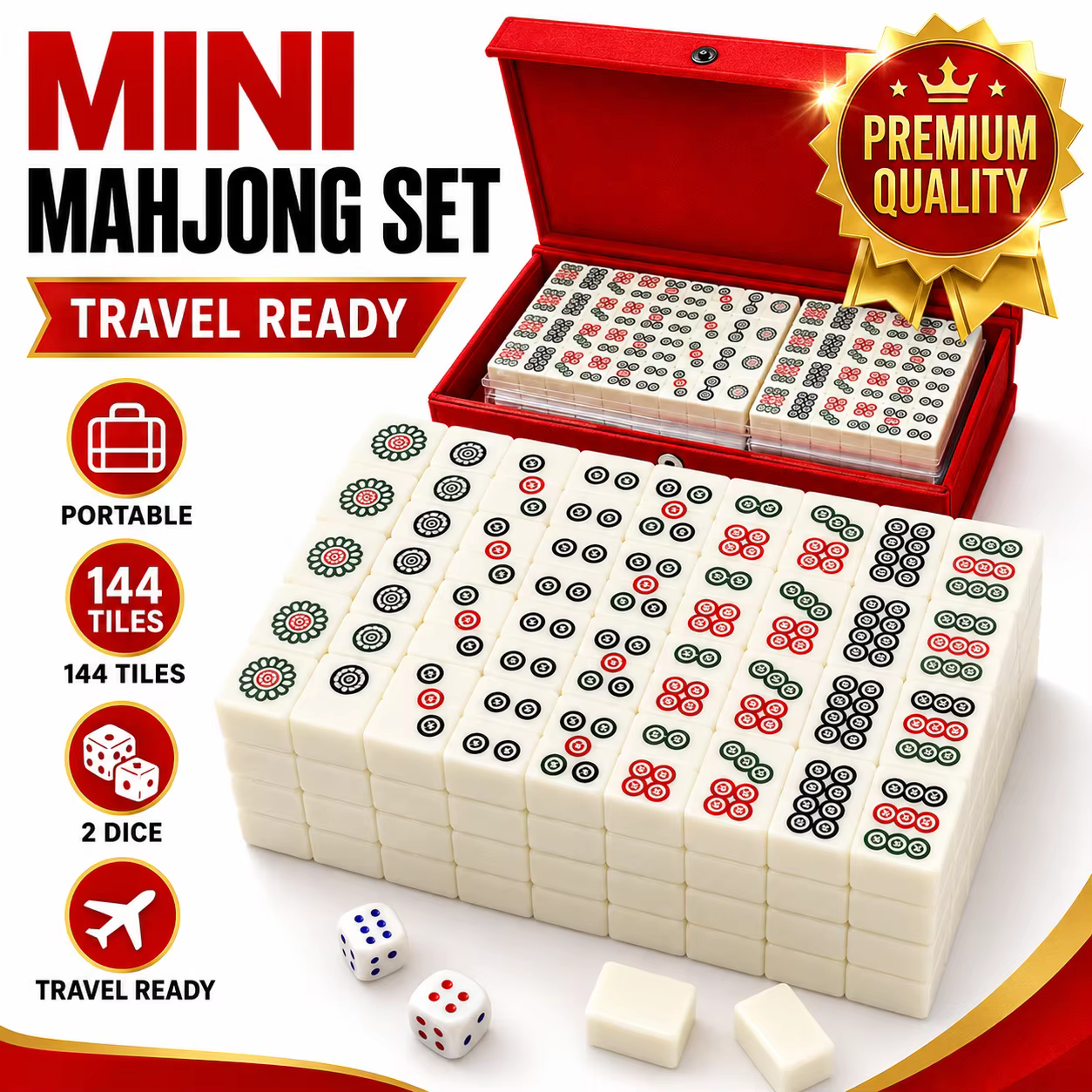144 Tiles Mini Mahjong Game Set with 2 Dice and Red Carry Storage Case, Classic Portable Mahjong for Family Fun, Party Entertainment, Travel Activities, Table Games, Social Gatherings, Holiday Events and Indoor Play