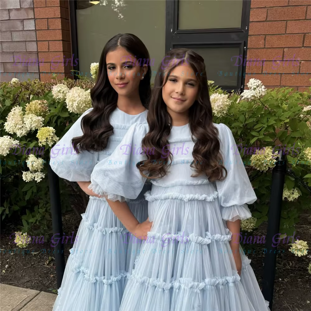 Quality Elegant Blue Flower Girl Dress Layered Tulle Fluffy For Wedding Ball Ruffles Floral Toddler Pageant Birthday Party Gowns