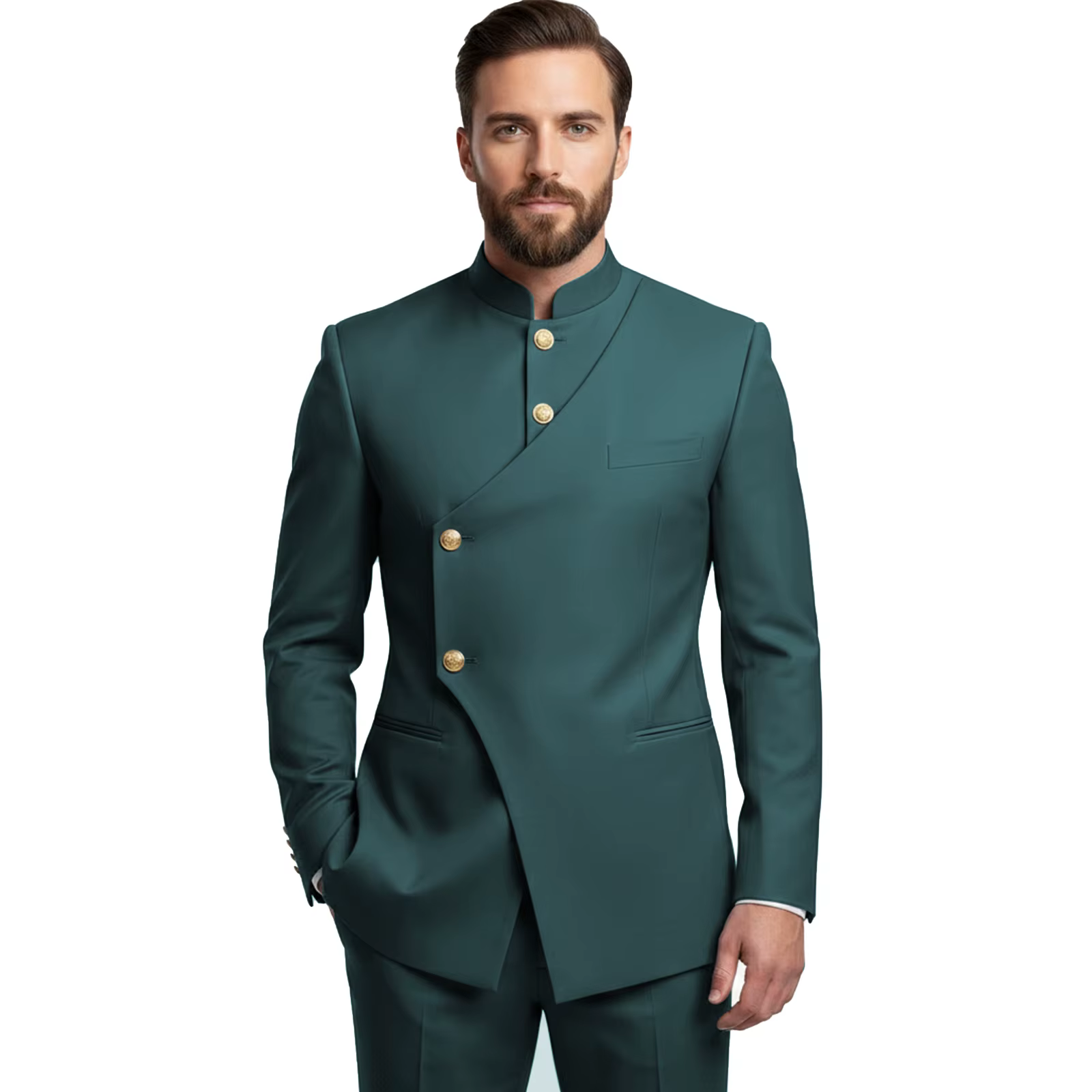 Chinese Suit Men 2 Piece Tunic Suits Slim Fit Safari Suits for Men Mandarin Collar Suit Blazer Pants Set