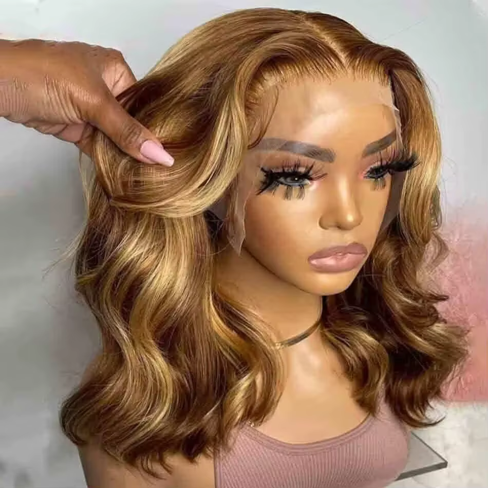 Honey Blonde Bob Wig Human Hair 14 Inch 13x4 Body Wave 4/27 Highlight Ombre HD Lace Front Wigs Human Hair Pre Plucked Glueless Lace Frontal Bob Wigs for Women Colored Wig