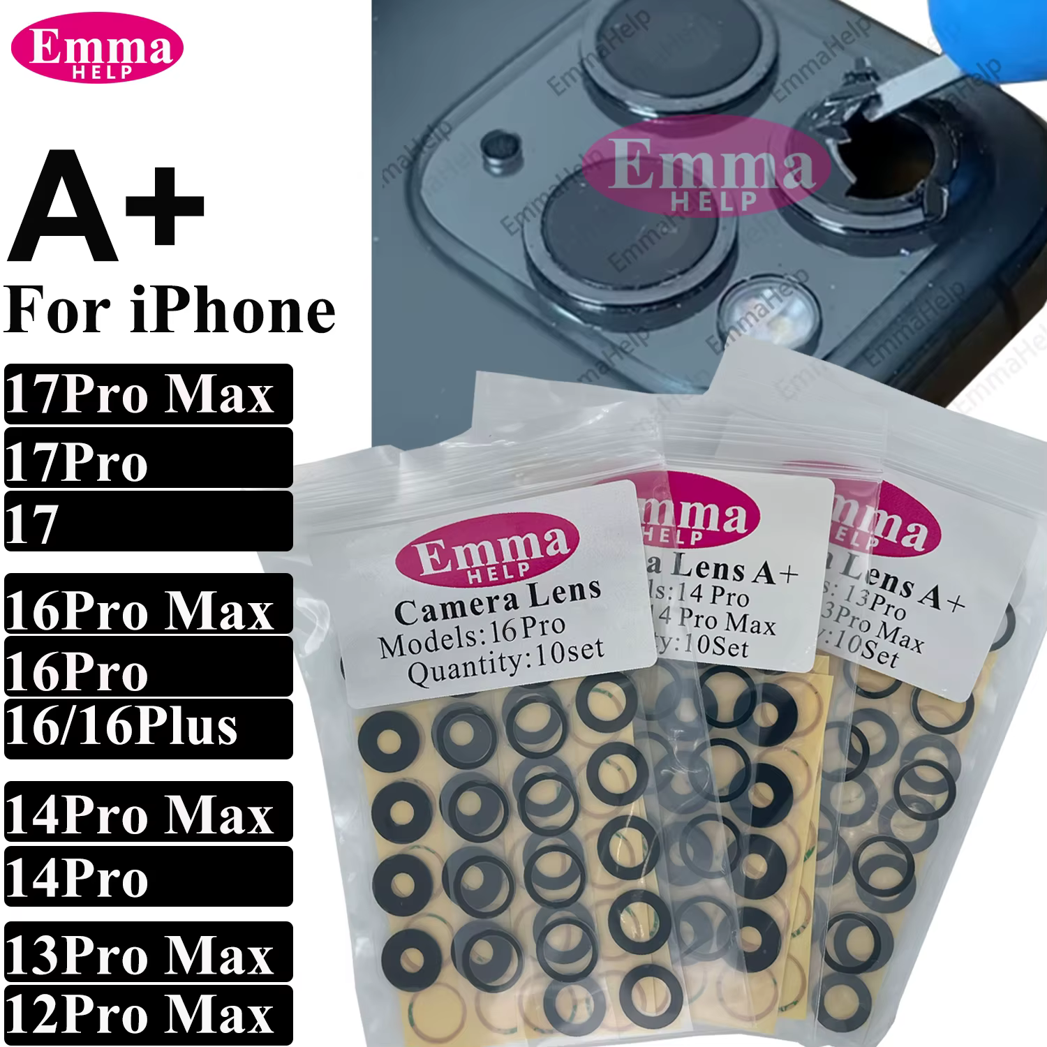 10Set A+ Back Camera Glass for iPhone 16 15 Pro Max 17 Air 14 Plus 13 Mini 12 Rear Camera Glass Lens Cover with Adhesive