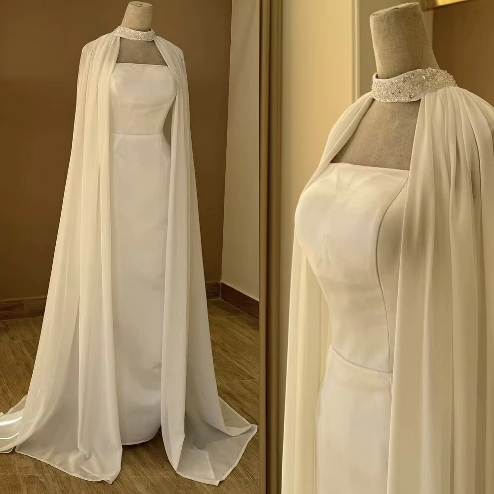 Crystal Beaded High Neck Chiffon Long Wedding Party Shawl Summer Wrap BOLERO Bridal Wedding Cape Jacket Customized