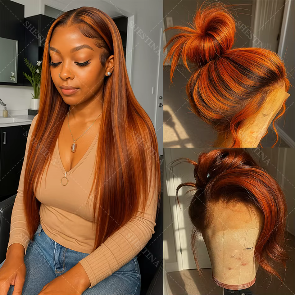 Brown Ginger Highlight Wigs Human Hair Bone Straight 5x5 Lace Frontal Glueless Pre Cut Ombre Ginger Colored Hair Wigs For Women