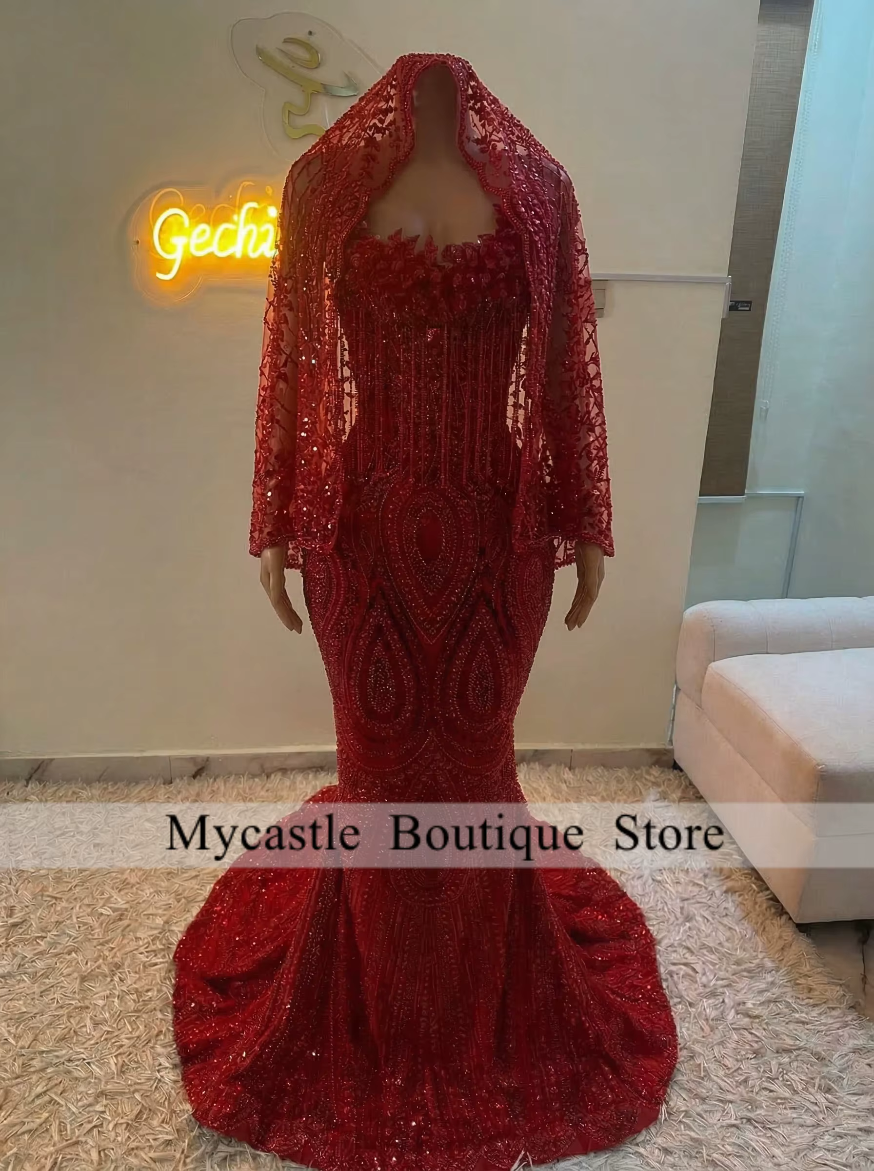 Red Diamond Prom Dresses 2026 With Veil Bodycon Mermaid Banquet Party Gowns Customized Sleeveless Strapless Vestidos De Festai