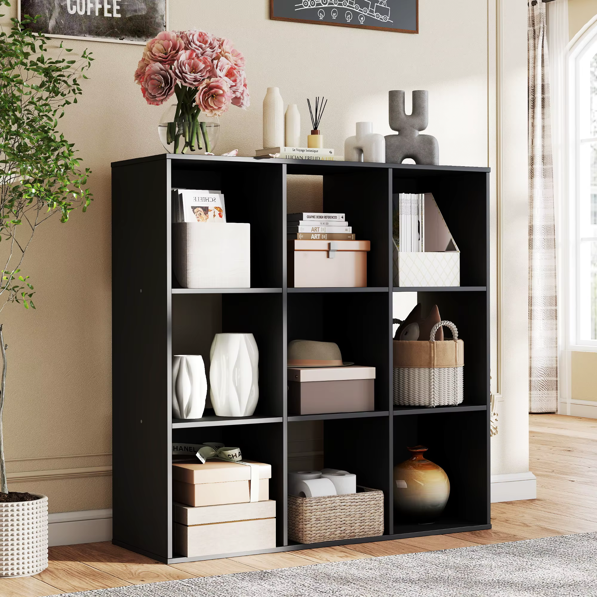 JHK 9 Cube Storage Organizer Wooden Shelf Bookcase Open Bookshelf for Living Room and Home Office Display Storage Bookcase