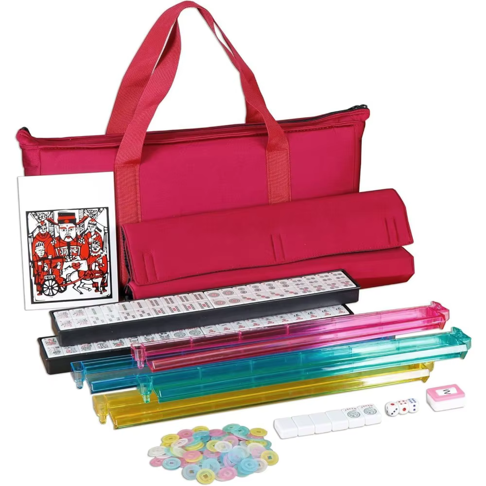 Complete American Mahjong Set with 166 Tiles 4 Colors All-in-One Rack Pushers Red Soft Bag and Accessories