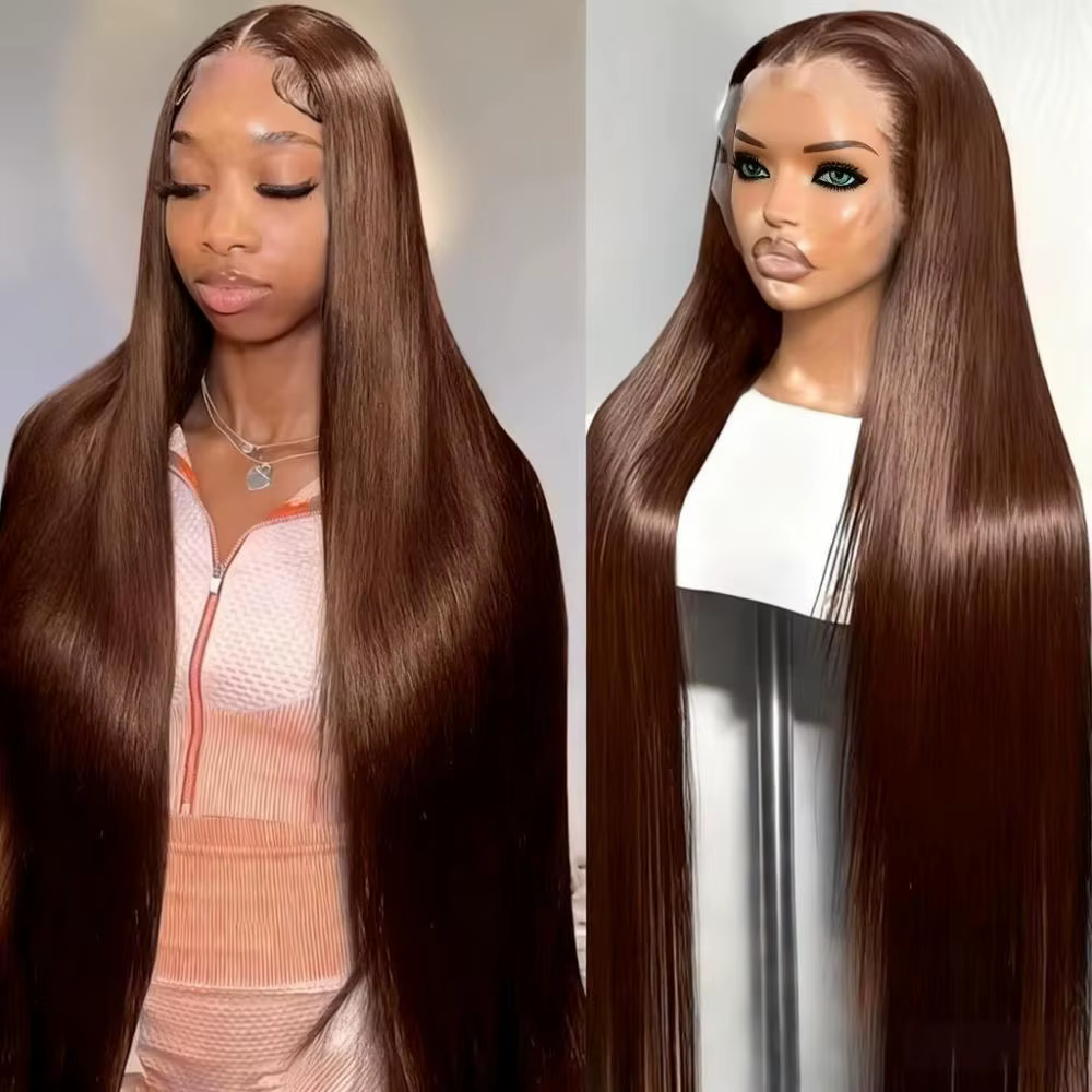Chocolate Brown Straight Human Hair Wig 46 Inches 13x6 Transparent HD Lace Frontal Pre Plucked Natural Hairline Wig For Women