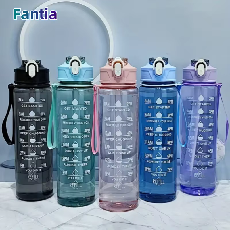 800ml/27oz Large Capacity Sports Water Bottle Leak Proof Plastic Drinking Cup With Time Scale Suitable For Travel Fitness Sports
