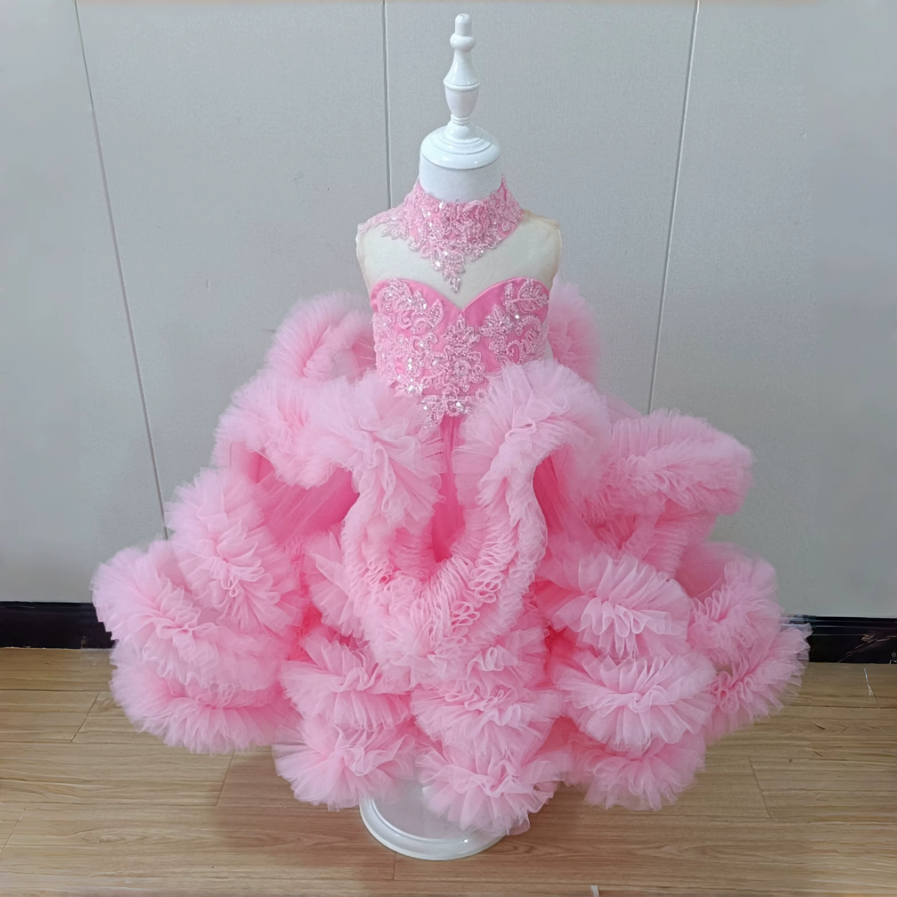 Customized Baby Pink Tulle Flower Girl Dress For Wedding Puffy Pleated Layered Kids Birthday First Communion Party Ball Gowns