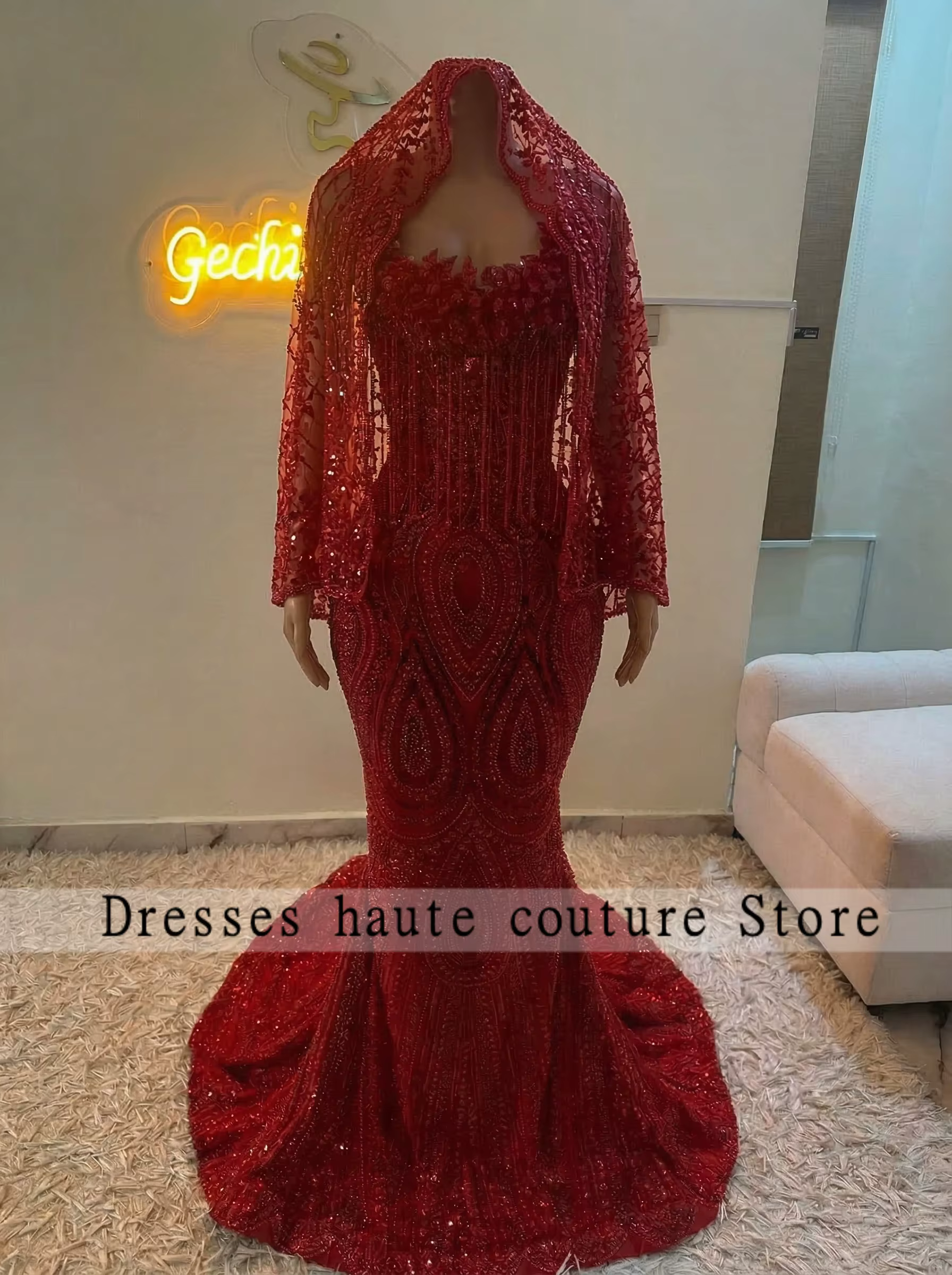 Red Beading Sequin Diamond Prom Dress For Black Girl Birthday Party Dress Tassel Mermiad Women's Formal Evening Gown Customized