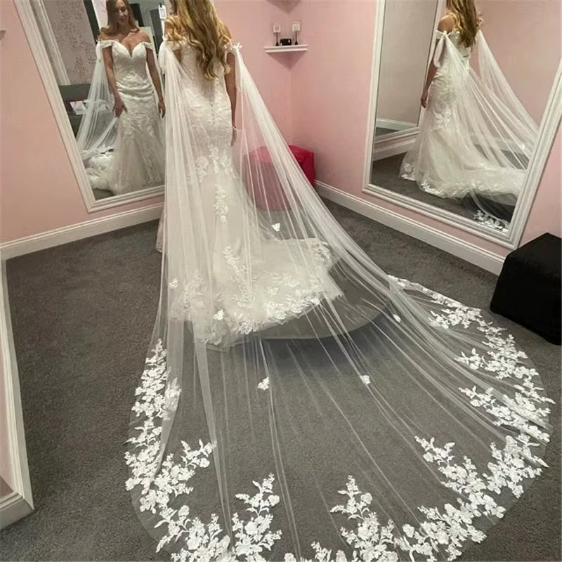 White Ivory Wedding Cape Veil Lace Appliques Cathedral Bridal Shoulder Veil 3m4m5m Cloak Shawl Wedding Accessorie