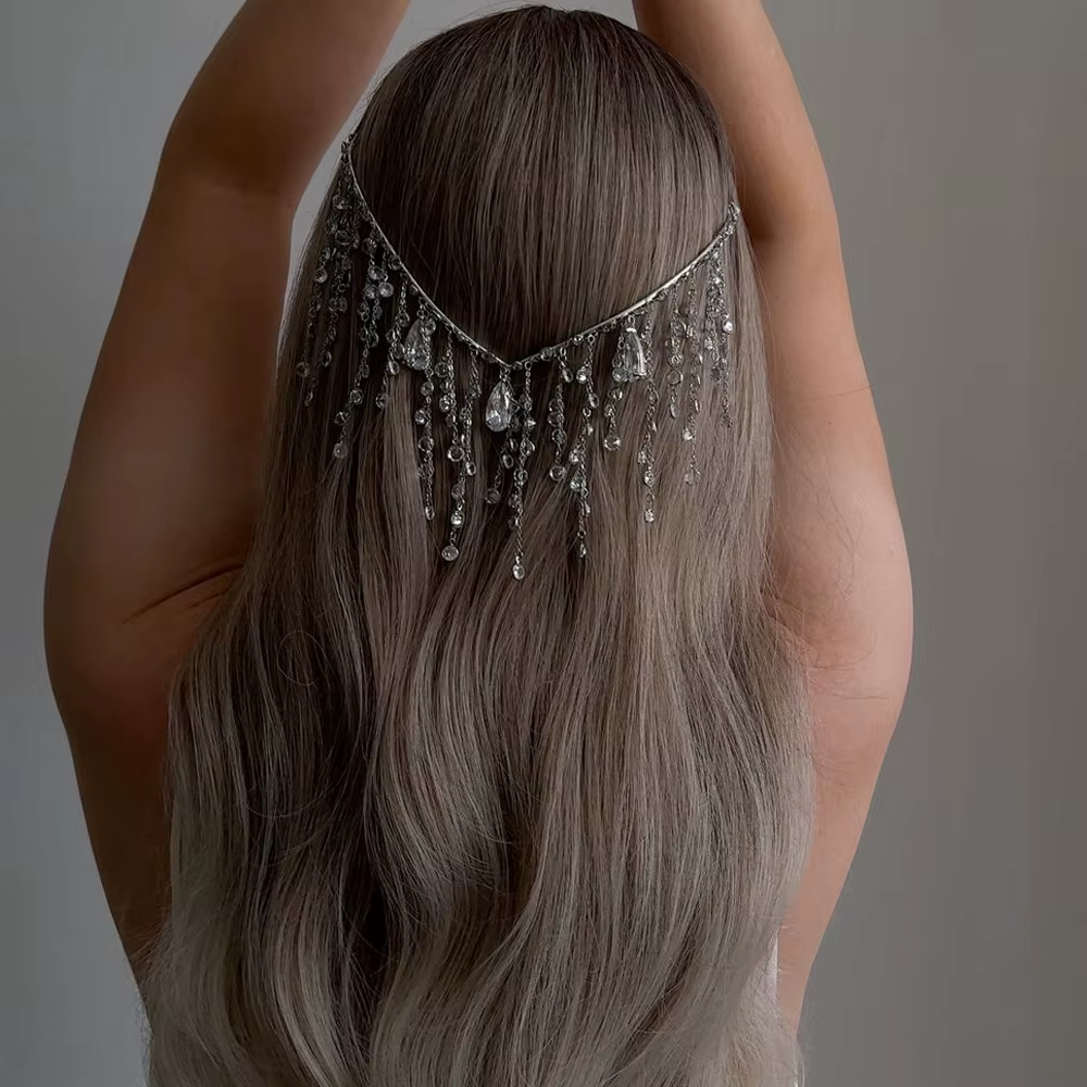 1pc Rhinestone Tassel Headband for Women - Sparkling Bridal Hair Accessory with Cascading Waterfall Design,Princess Style