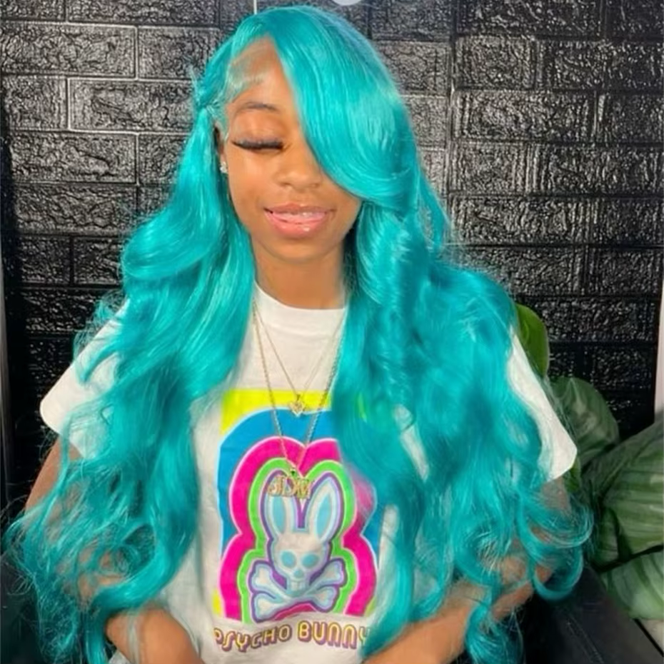 Teal Blue Human Hair Wig Colored Body Wave Lace Front Wig Pre Plucked 13x6 Hd Lace Frontal Wig Remy 220% Density Mint Green Wig