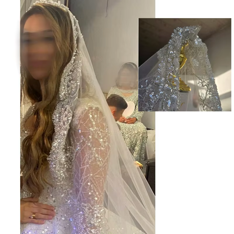 Full Crystal Pearl Lace Veil Bridal Cathedral Luxury New Wedding Accessories White Veil with Metal Hair Comb Custom Made Veil