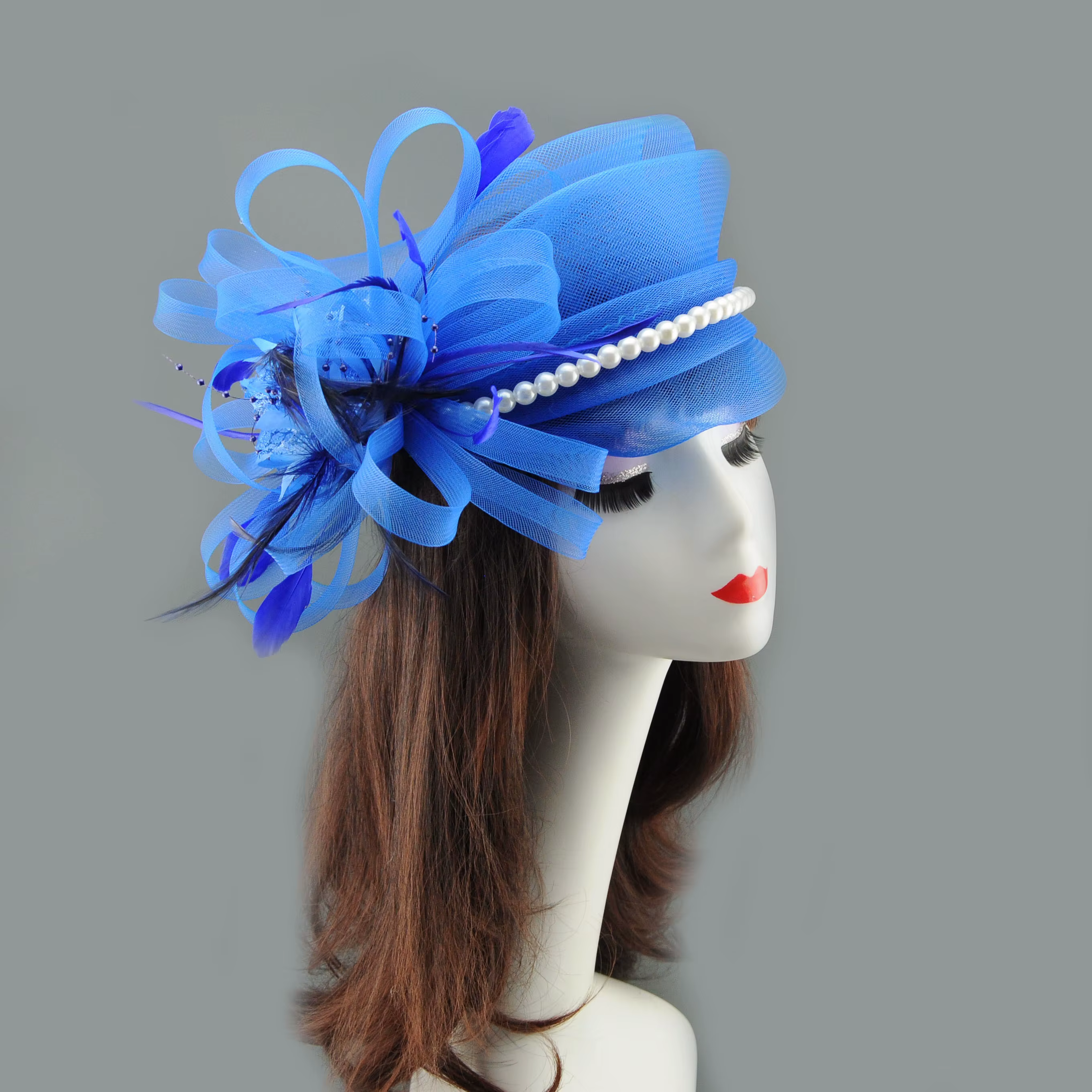 Women Royal Blue Mesh Feather Pearl Fascinator Hat, Elegant Ladies Cocktail Tea Party Wedding Derby Headwear Formal Dress Hair A