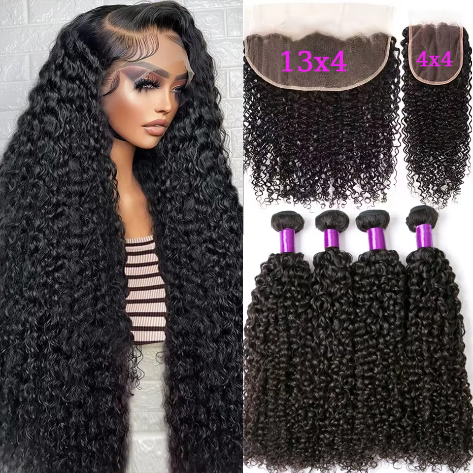 Kinky Afro Curly Deep Wave Bundle With Closure Frontal HD Transparent Virgin Human Hair 3/4 Bundle Hair Weav Deal Hair Extension