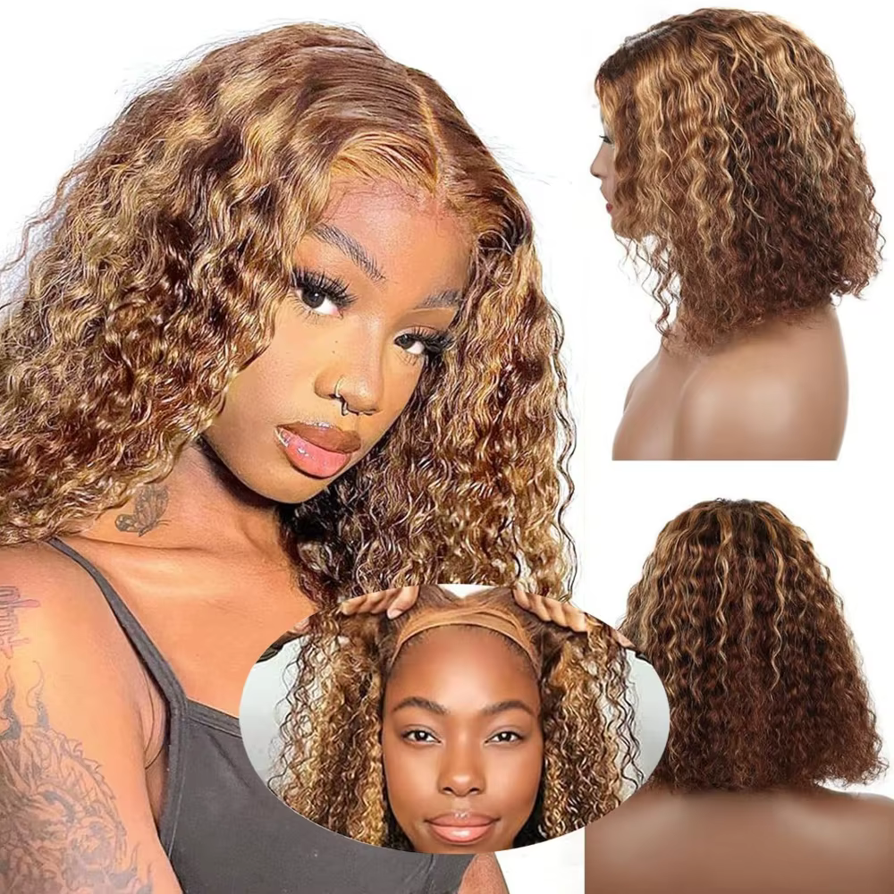 Wear And Go Glueless Highlight Bob Wig Human Hair 5X5 Brazilian Wigs Original Curly Short 427 Honey Blonde Deep Wave Frontal Wig