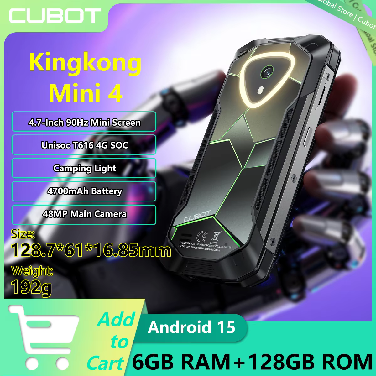 CUBOT Kingkong Mini 4 Rugged Phone Camping Light 4.7-Inch 90Hz Screen 16(6+10)GB+128GB Unisoc T616 4G 48MP Android Smartphone
