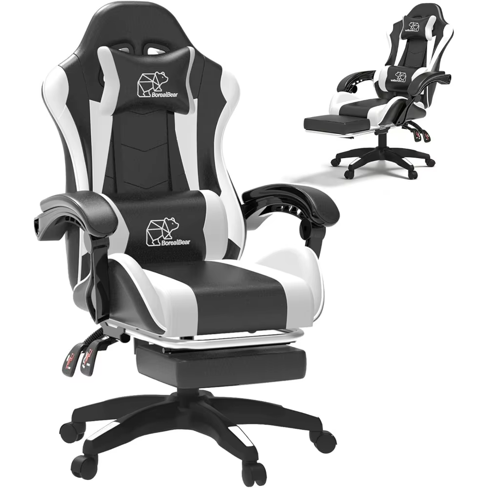 Computer Gaming Chair, Ergonomic Gaming Chair, Leather Office Chairs with Foot Rest, Back Recliner Height Adjustable White+Black