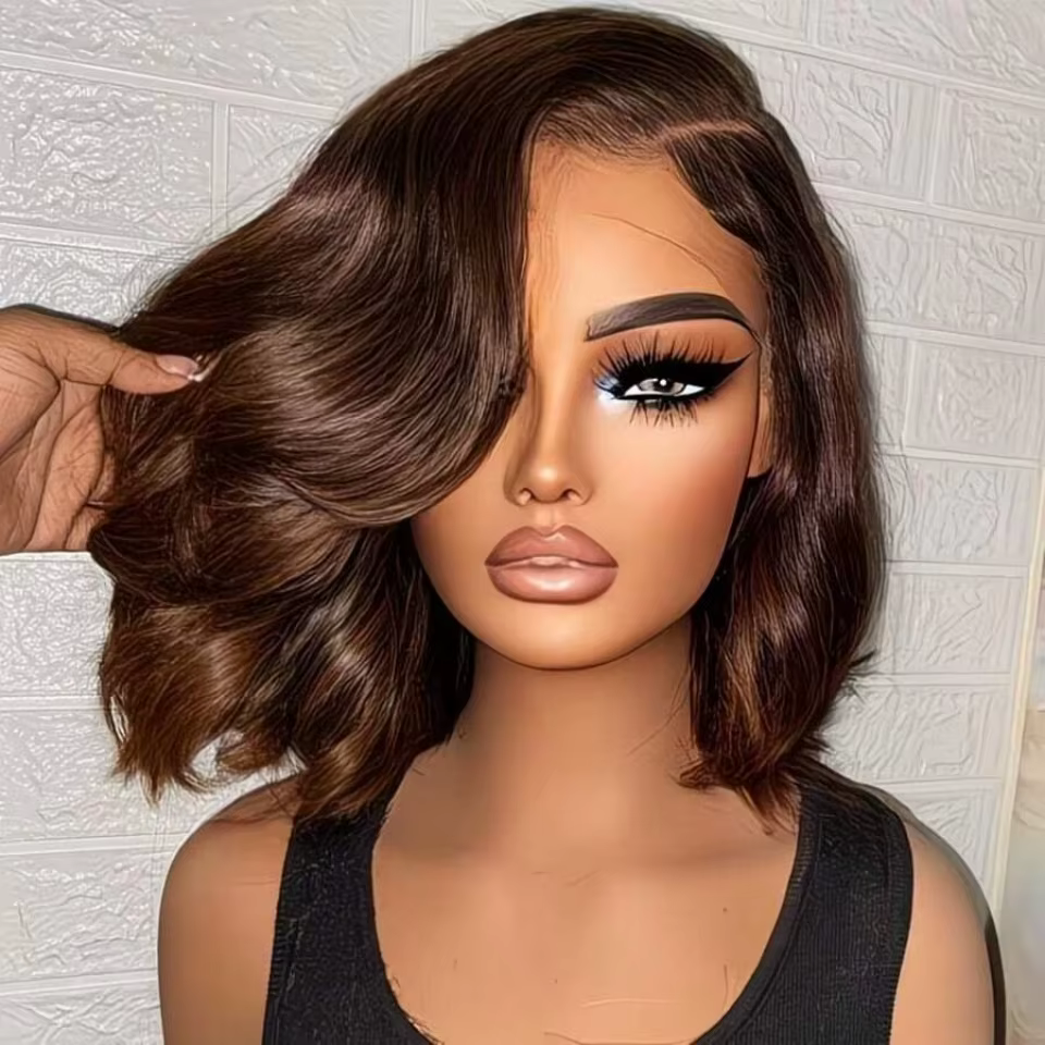 Chocolate Brown 13x4 Body Wave Bob Wig Human Hair Wigs 200 Density #4 Brown Blunt Cut Short Bob Lace Front Wigs Human Hair Short Bob Glueless Wigs for Women