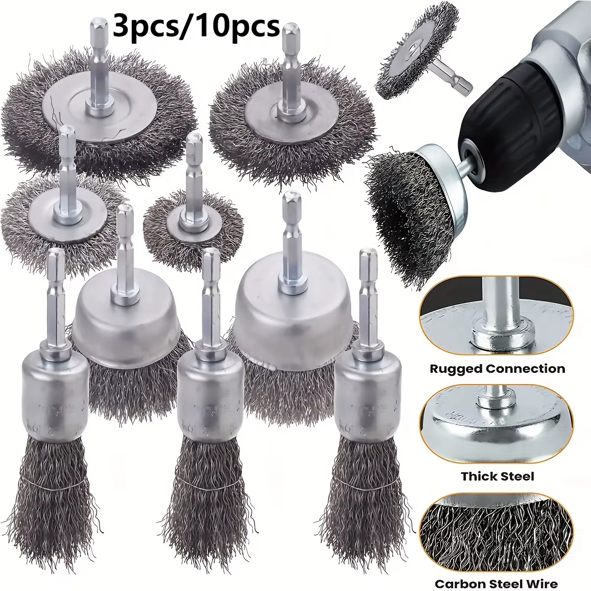Wire Brush Wheel Cup Brush Set, Wire Brush for Drill 1/4 Inch Hex Shank 0.012 Inch Coarse Carbon Steel Crimped Wire Wheel