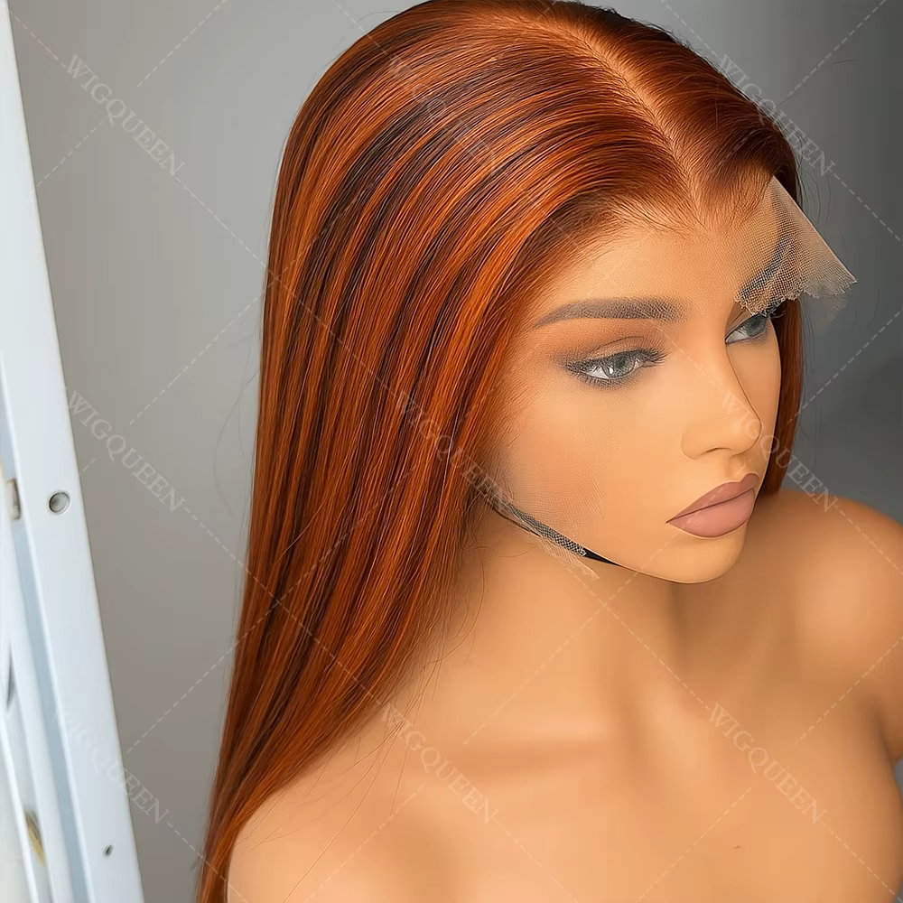 #4/350 Brown Mix Ginger Colored Skunk Stripe 5x5 Lace Front Glueless Wigs Human Hair Balayage Highlight Straight Human Hair Wigs