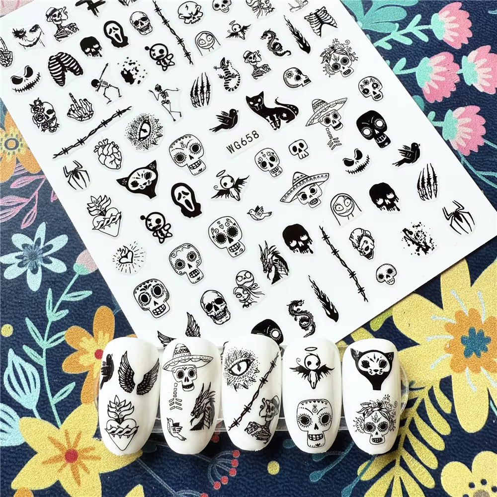 Newest WG658 skull sereis 3d nail art sticker nail decal stamping export japan designs rhinestones decorations