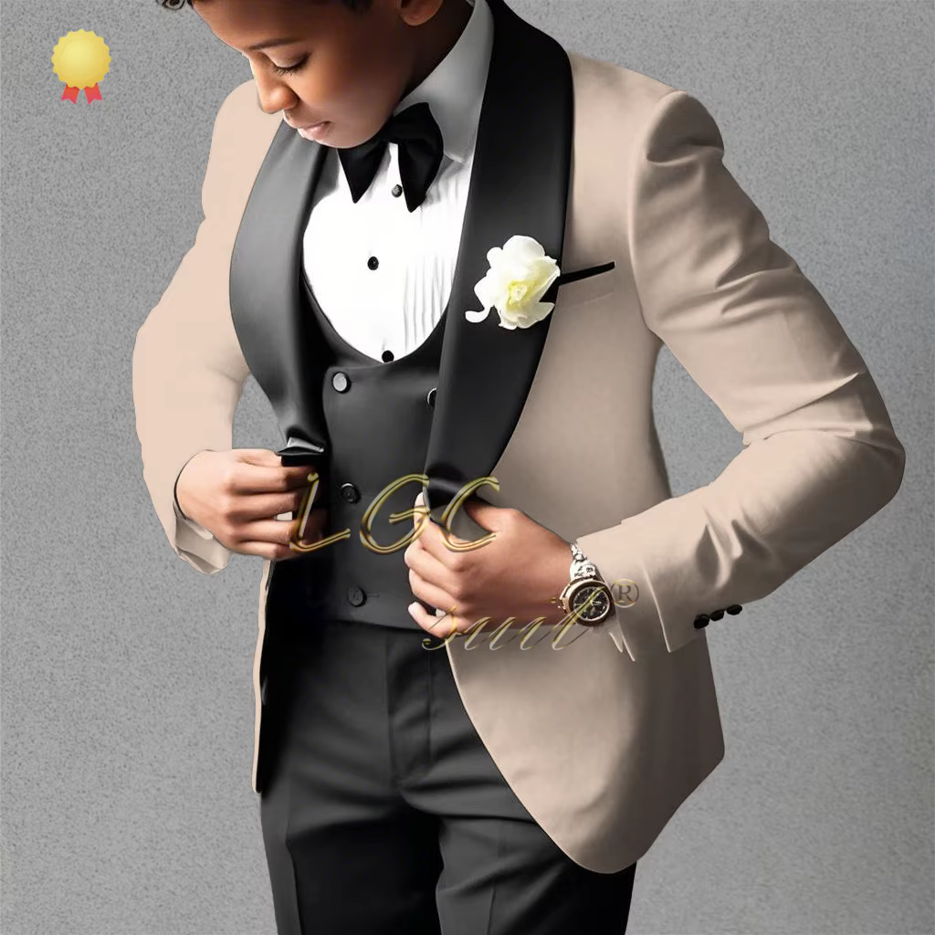 Boys’ Beige 3-Piece Suit with Classic Modern Comfortable Tailoring, Ideal for Weddings, Banquets, Birthdays & Performances