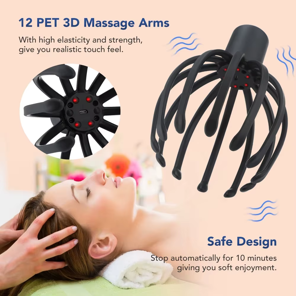 Electric Octopus Claw Scalp Massager 12 Arms 2 Vibration Levels LED Red Light USB Rechargeable Handsfree Stress Relief Device