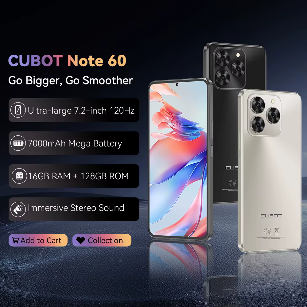 Cubot Note 60 Smartphone, Android 15, 7.2-inch 120Hz Display, Octa-core,16GB(6+10GB )RAM 128GB ROM, 48MP Camera, 7000mAh Battery