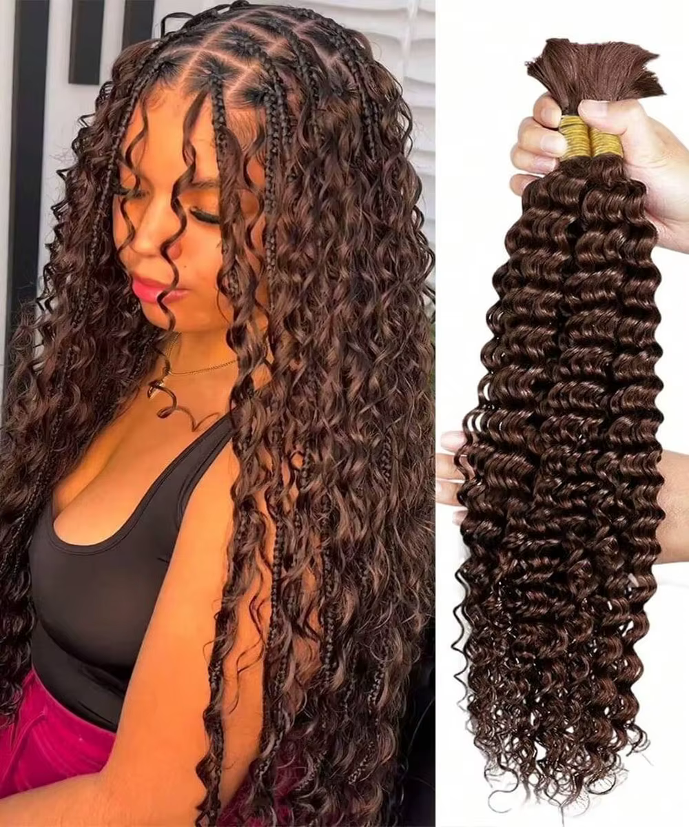 110g Deep Wave Bulk Human Hair For Braiding 2 Bundle Brazilian Virgin Curly Hair Extensions For Boho Braids #4 22 Inch