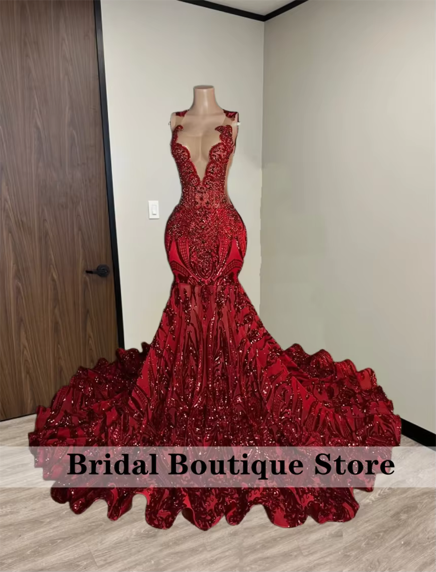 Sparkly New Design Red Diamonds Prom Dress 2026 Sequins Gown Bead Crystal Rhinestones Wedding Birthday Party Dress Customized