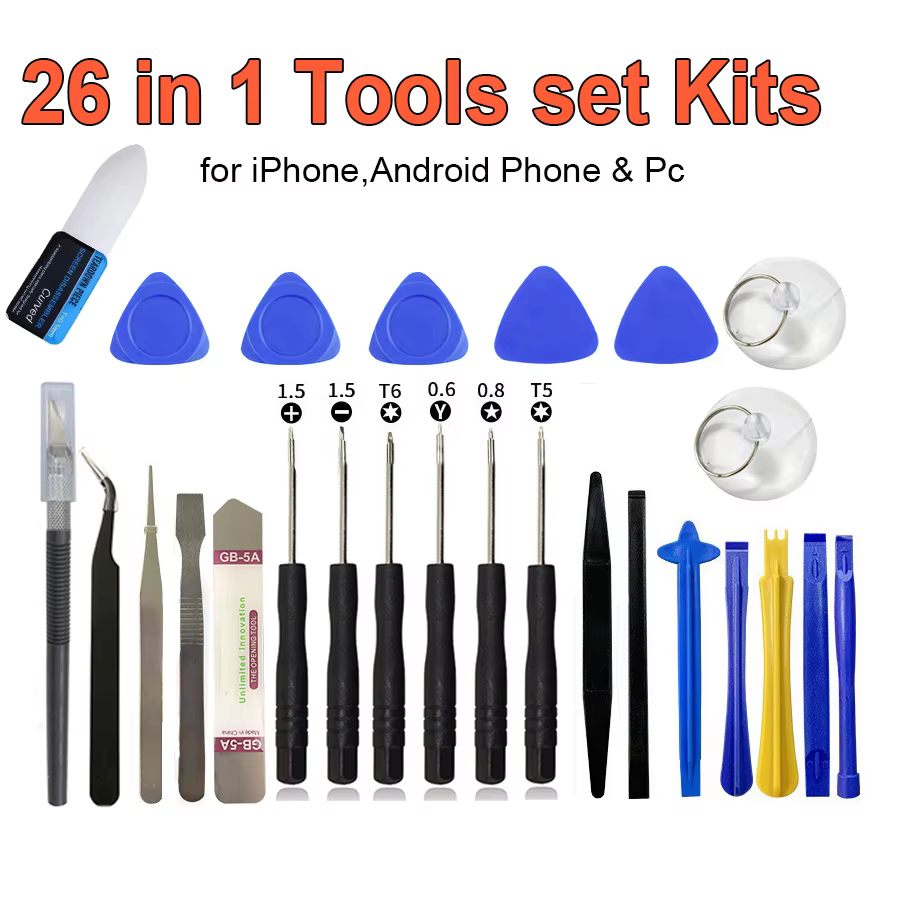 Professional 26 in 1 Cell Phone Repair Tool Kits Screwdrivers with Screen Opening Pry Bar Suction Cup for iPhone Samsung Xiaomi
