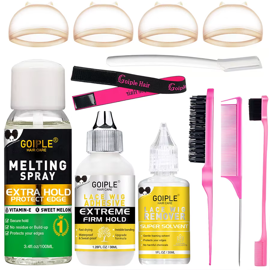 GOIPLE Waterproof Lace Glue Kit Melting Spray Holding Spray Wig Adhesive Remover HD Wig Caps for Natural Hairline Install