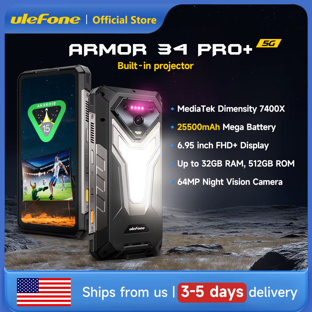 Ulefone Armor 34 Pro Plus 5G AI Rugged Phone 6.95" 25500mAh 32GB+512GB Built-in Projector 120Hz NFC Dimensity 7400X Smartphone