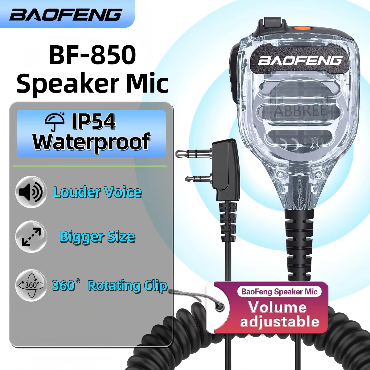 Baofeng BF-850 Transparent Walkie Talkie Speaker Mic IP54 Waterproof Volume Adjustable Dual PTT For BAOFENG UV-5R UV-21PRO Radio