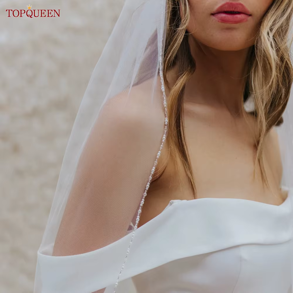 TOPQUEEN V107 Long Bridal Veils Crystal Beaded Wedding Veil With Crystal Edge 1 Tier Super Soft Bride To Be Veil Short